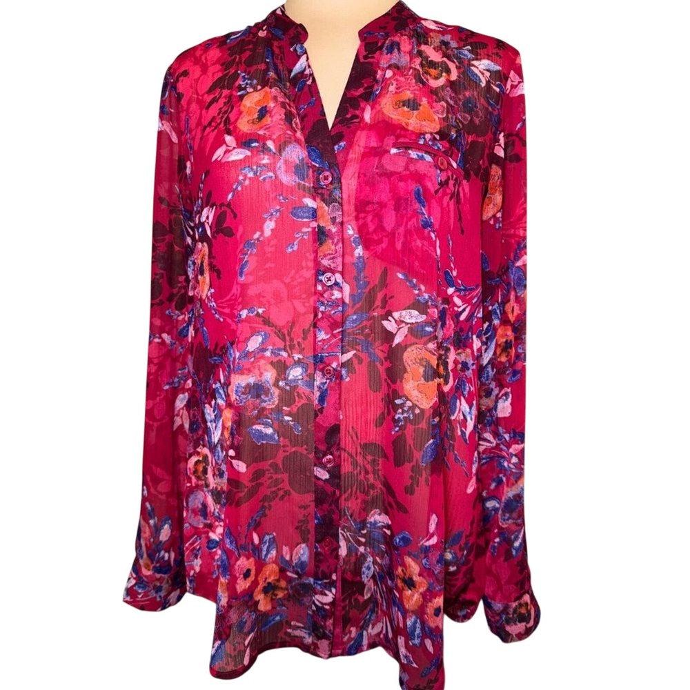 Kut From the Kloth Sheer Red Button Up / Down Blouse Long Sleeve Floral Top Med